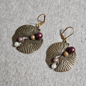 Boutique Art Nouveau Style Enameled Brass Earrings w/ Colored Faux Pearls